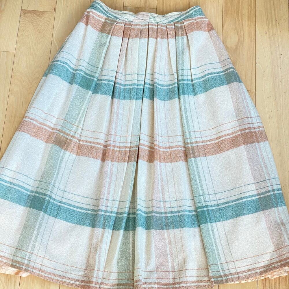 Vintage 1980s Pastel Plaid Wool Midi Skirt Cottagecore Prairie Grandmacore ILGWU - Picture 2 of 8